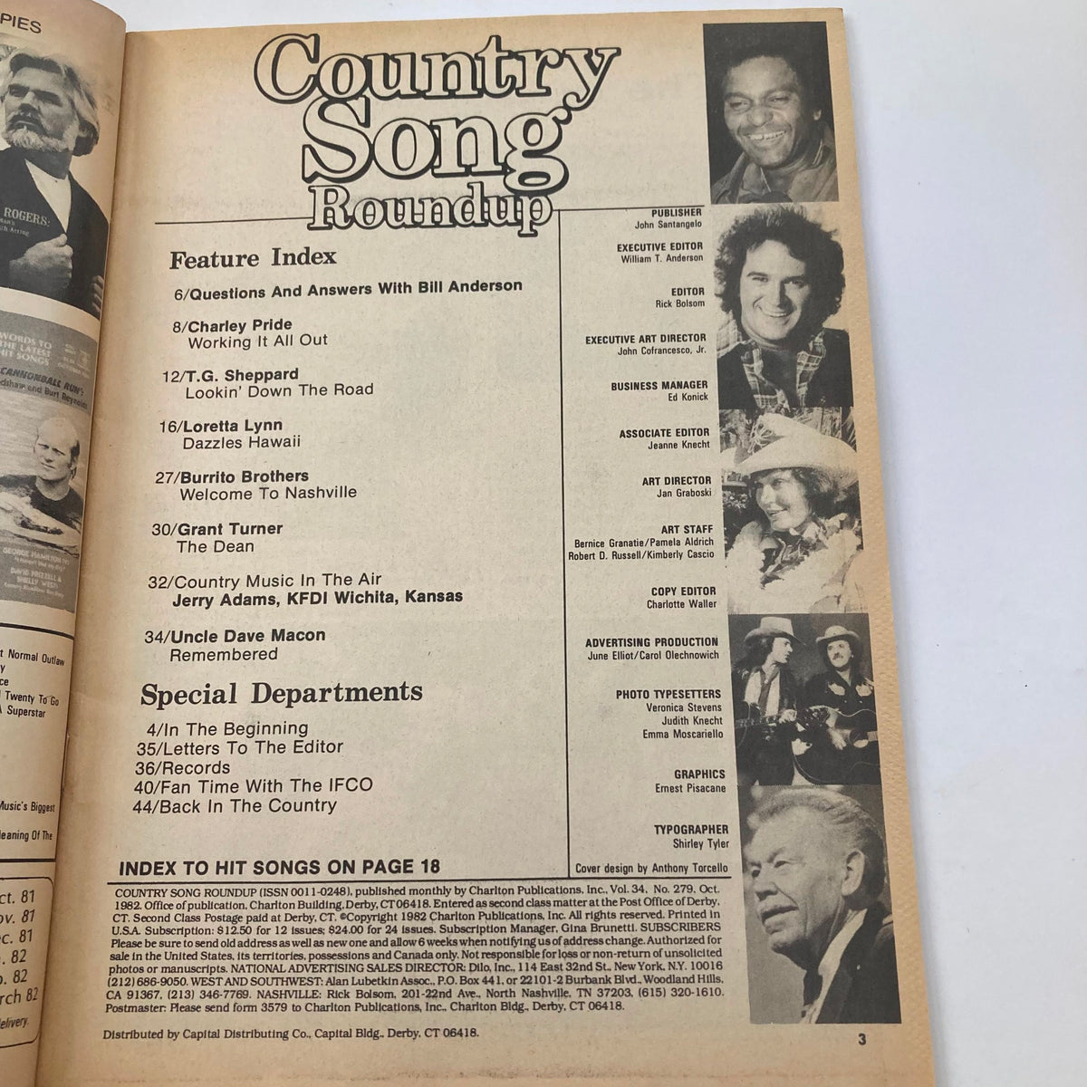 Inside page of VTG Country Song Roundup Magazine from October 1982 featuring the Content Index, highlighting Loretta Lynn Dazzles Hawaii and other artists like Charley Pride and T.G. Sheppard.