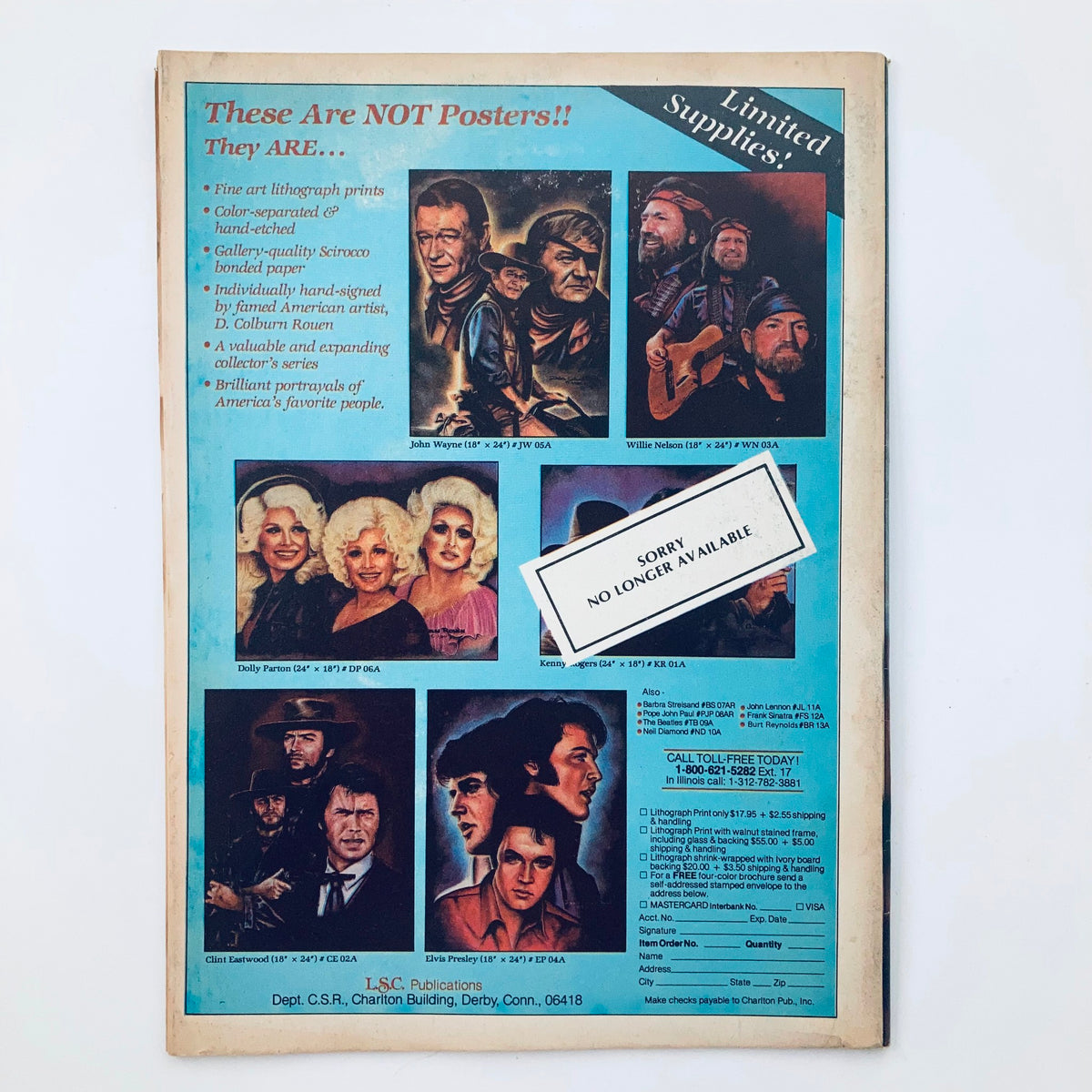 Back cover of VTG Country Song Roundup Magazine October 1982 showcasing advertisement for art lithographs of famous American artists, featuring portraits of country music legends including Dolly Parton and Clint Eastwood.