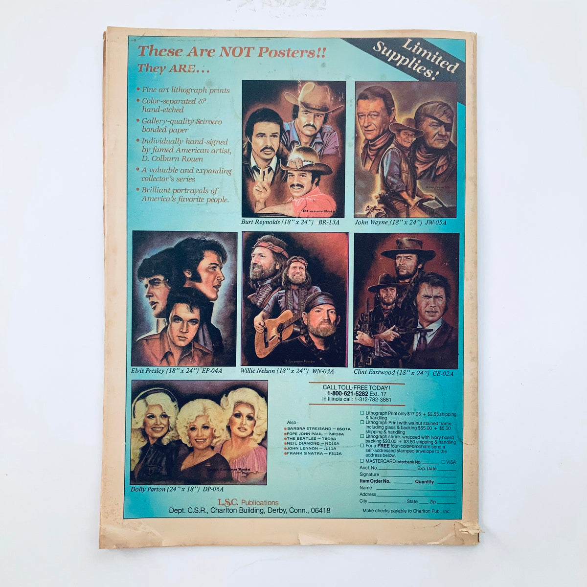 Back cover of Country Song Roundup Magazine December 1982 showcasing various celebrity lithographs, including Dolly Parton and Elvis Presley.