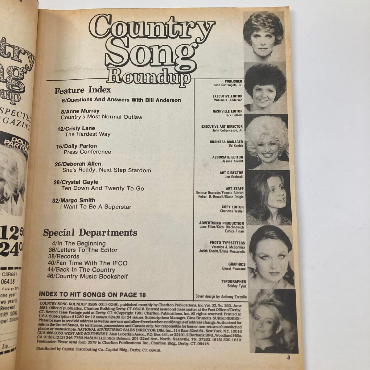 Page from VTG Country Song Roundup Magazine June 1981 featuring a feature index, editorial team, and articles about iconic country music figures including Crystal Gayle and Dolly Parton.