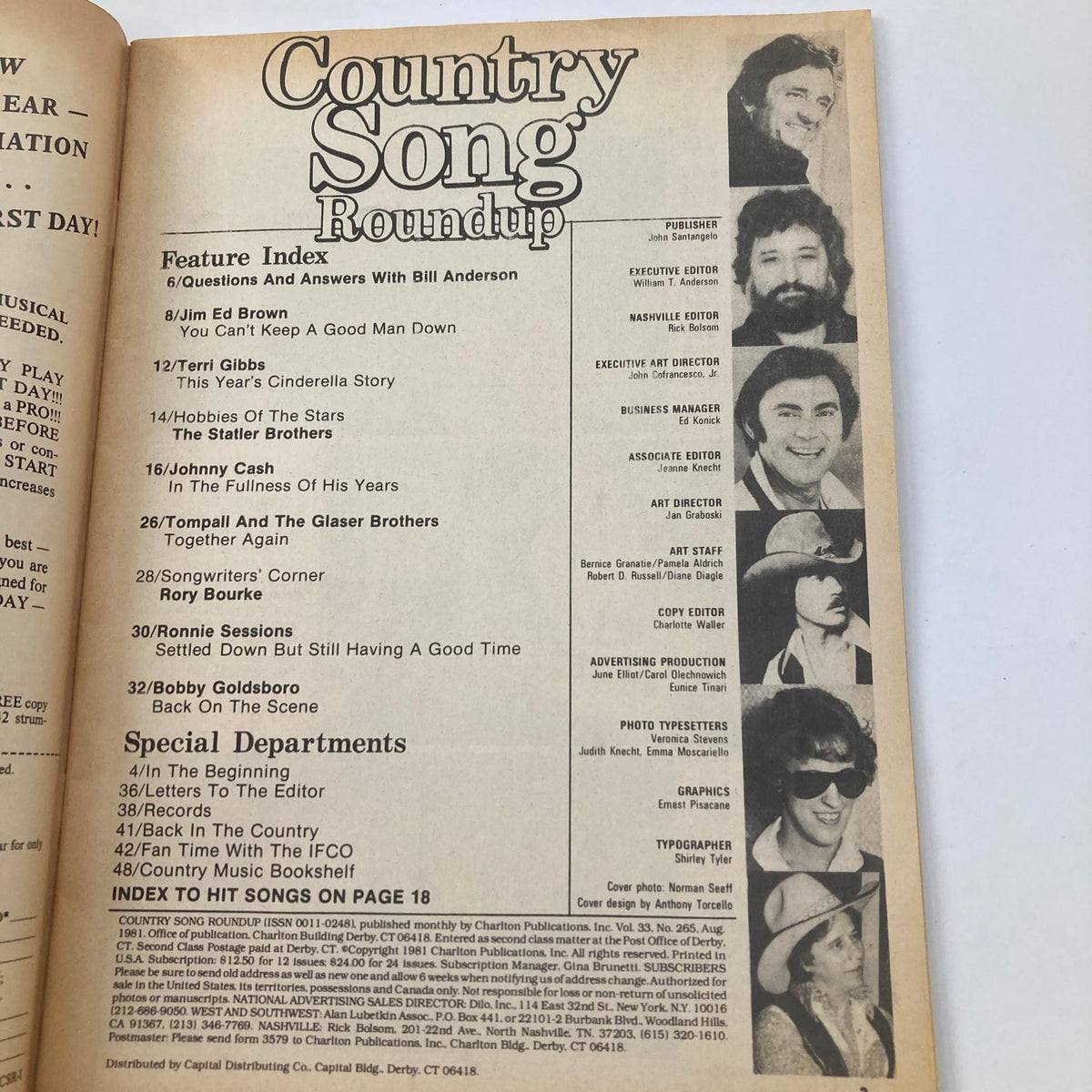 Table of contents from Country Song Roundup Magazine - August 1981, showcasing articles including features on Bobby Goldsboro and Johnny Cash.