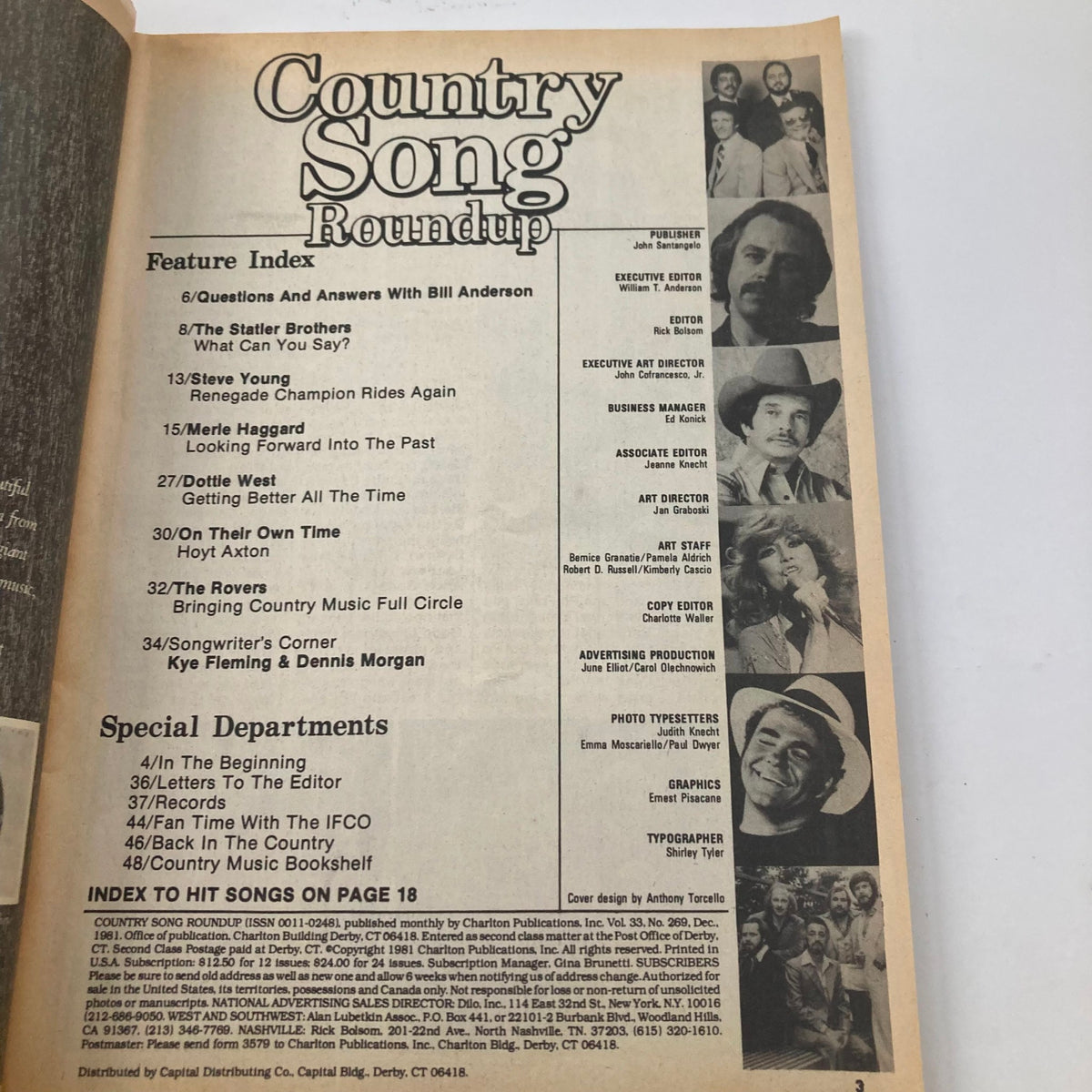 Inside page of the December 1981 Country Song Roundup magazine, displaying the feature index including articles about the Statler Brothers and Dottie West, along with a list of magazine staff.
