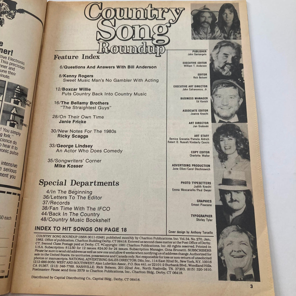 Inside page of VTG Country Song Roundup Magazine January 1982 featuring the feature index including articles about Kenny Rogers and other country music legends.