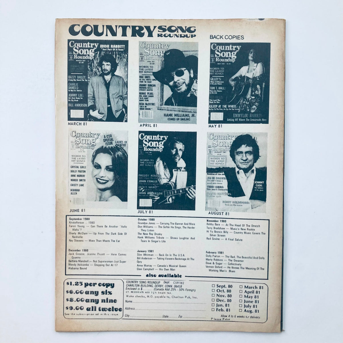 Back cover of VTG Country Song Roundup Magazine January 1982 showing previous covers and back issues available for purchase.