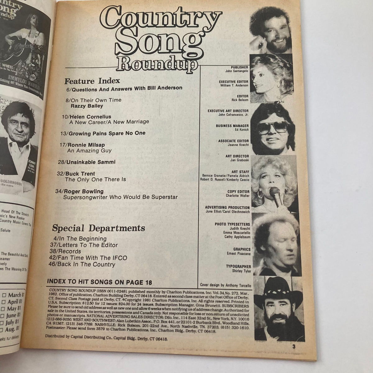 Interior page featuring the feature index of Country Song Roundup Magazine March 1982, including Ronnie Milsap's article 'An Amazing Guy' and content from other artists.