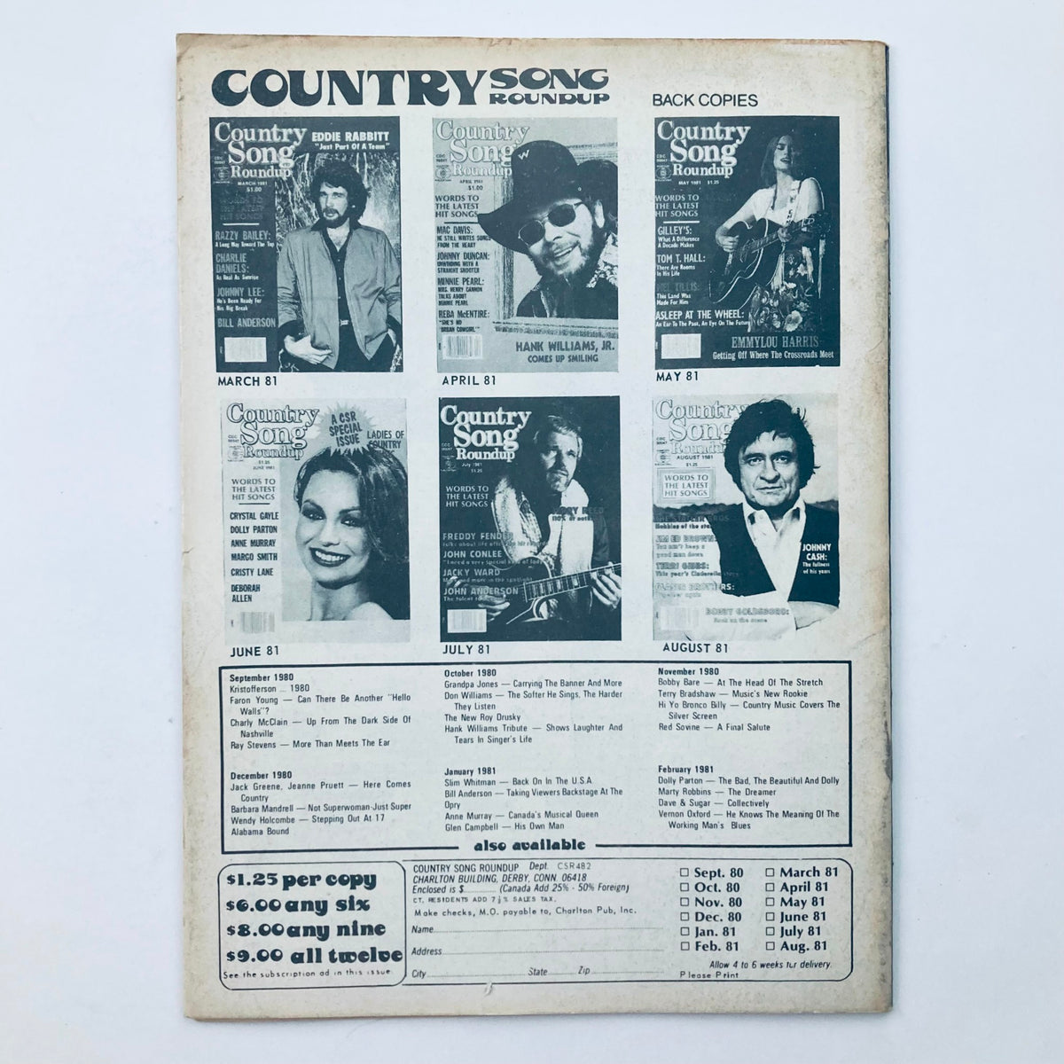 Back cover of Country Song Roundup Magazine, April 1982 showcasing cover images of previous issues and subscription options.