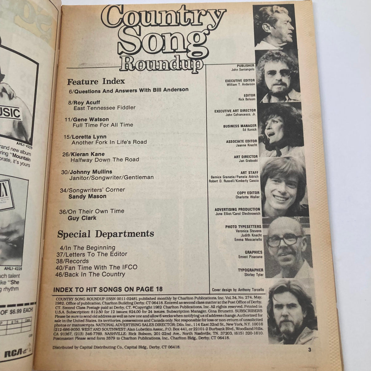Feature index of the May 1982 Country Song Roundup Magazine, showcasing articles and interviews with country music legends Loretta Lynn and Gene Watson, highlighting engaging content for music enthusiasts.