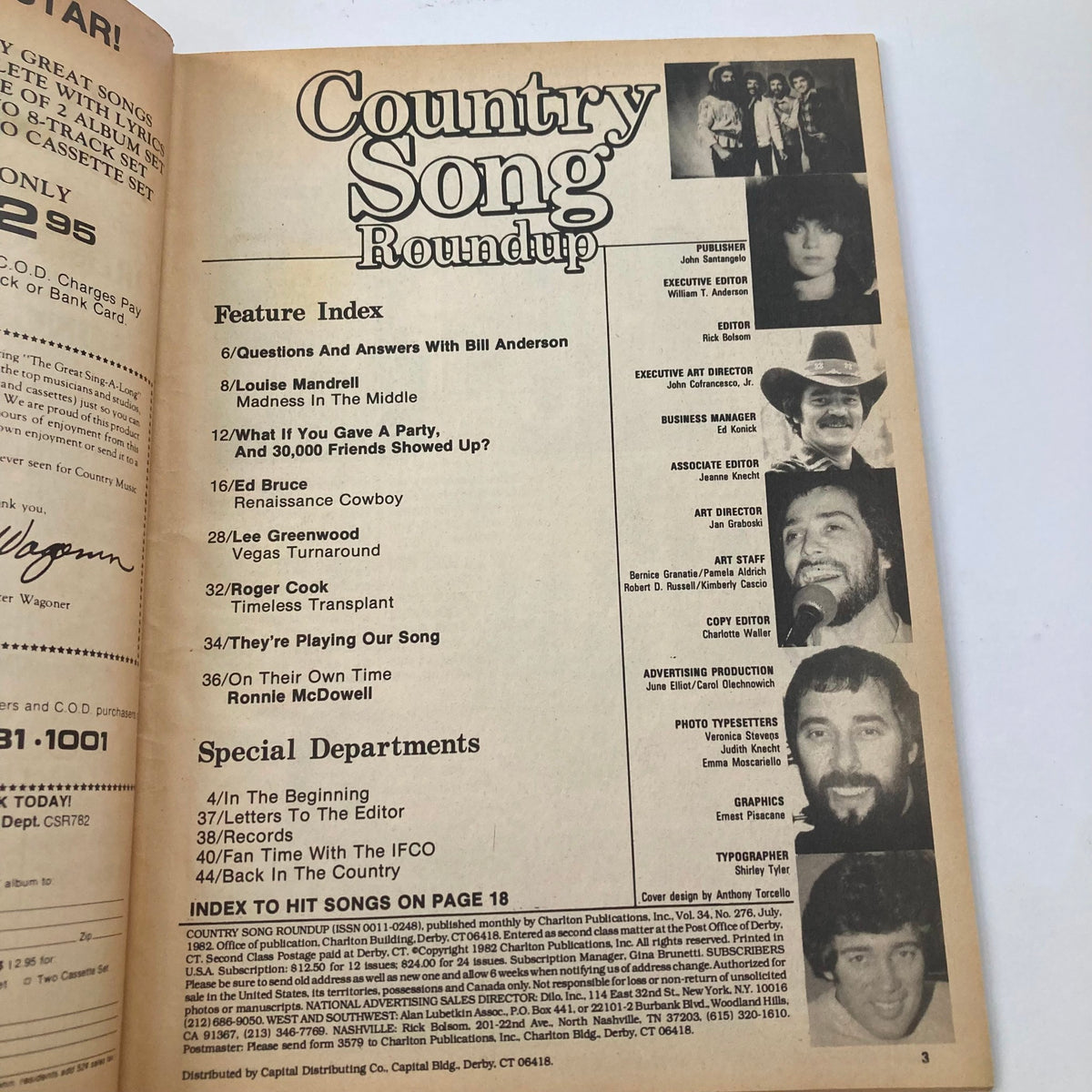 Feature index page of the VTG Country Song Roundup Magazine July 1982, listing articles including Ed Bruce: Renaissance Cowboy.