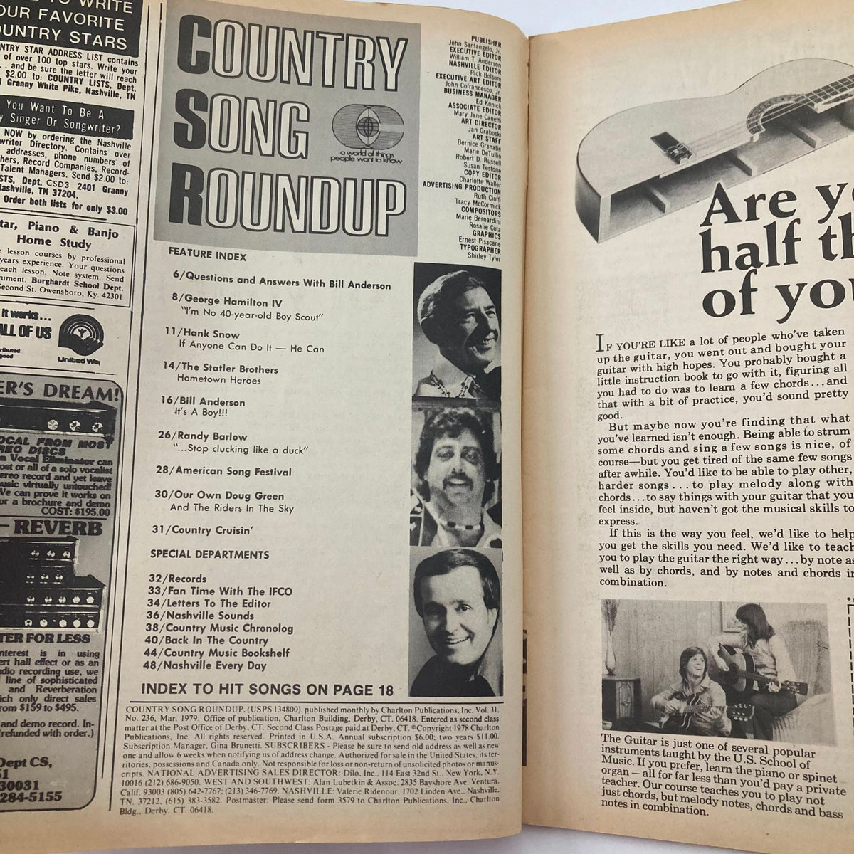 The inside page of VTG Country Song Roundup Magazine March 1979 featuring Bill Anderson, including a feature index and articles related to country music. Highlighted is Anderson's song 'It's A Boy'.