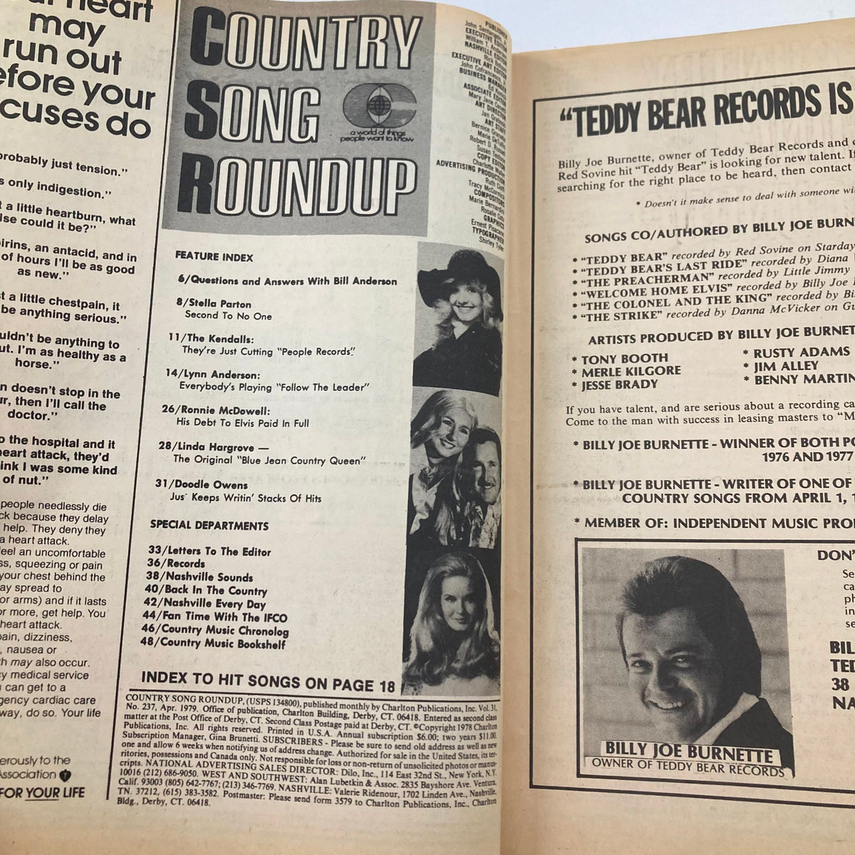 Inside spread of VTG Country Song Roundup Magazine April 1979 highlighting featured articles and song index, including Lynn Anderson's 'Follow the Leader' and other country music stars of the era.