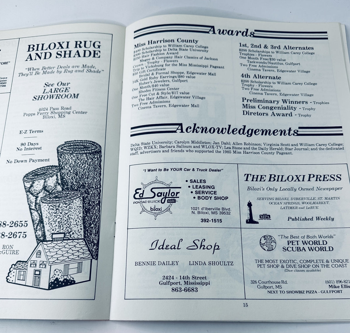 Page from the Miss America Harrison County Pageant program dated April 6, 1985, listing awards, acknowledgments, and sponsors of the event, including information on scholarship awards for participants.
