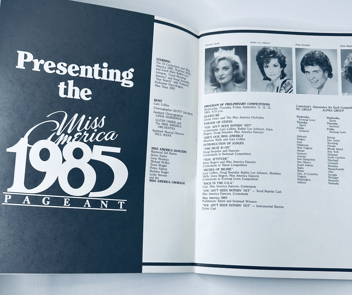 Inside page of The 1985 Miss America Pageant Magazine Official Program, presenting the program details and list of preliminary competitions, highlighting the event's musical guests and hosts.