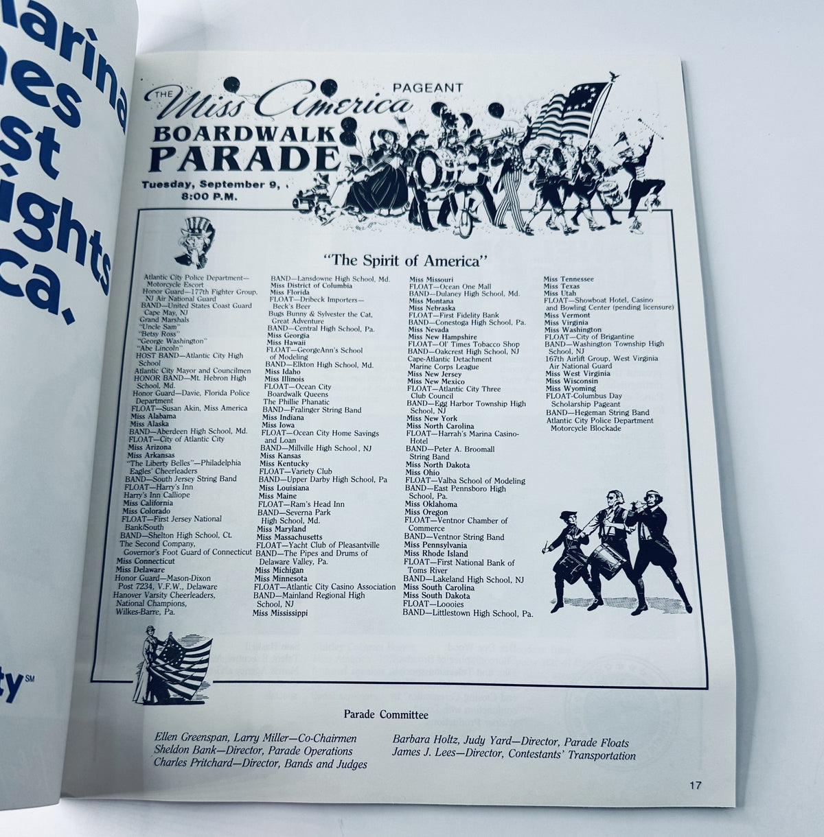 Another interior page from the 1986 Miss America Pageant Official Program, listing participants in the Boardwalk Parade and celebrating 'The Spirit of America'.