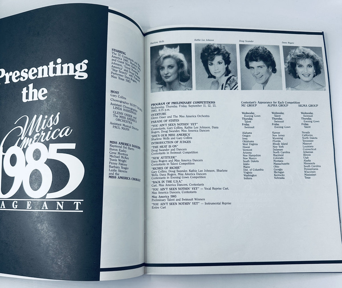 Inside page of The 1985 Miss America Pageant Magazine presenting the program details and list of contestants.