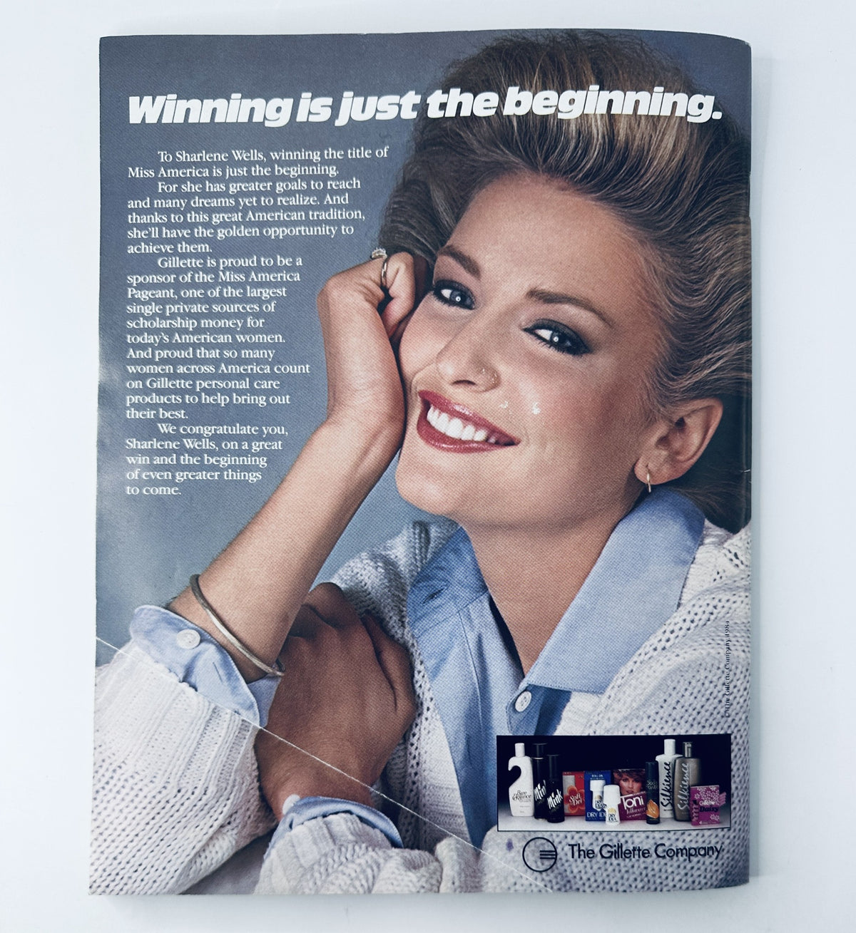 Promotional page from The 1985 Miss America Pageant Magazine featuring Sharlene Wells and celebrating her title as Miss America 1985.