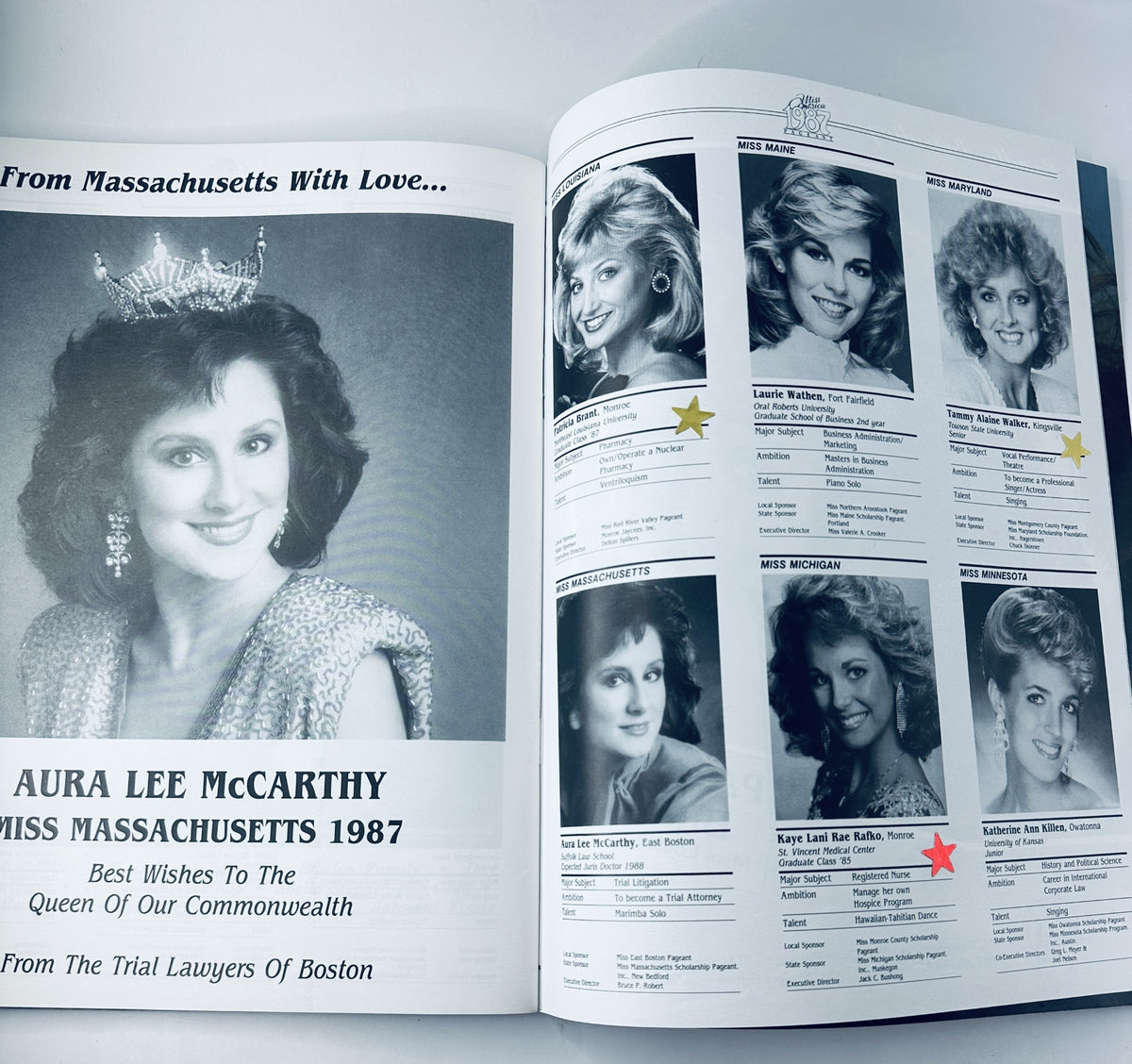 Another inside page of The 1987 Miss America Pageant Magazine, featuring contestants including Aura Lee McCarthy, Miss Massachusetts 1987, and other pageant participants with their bios.