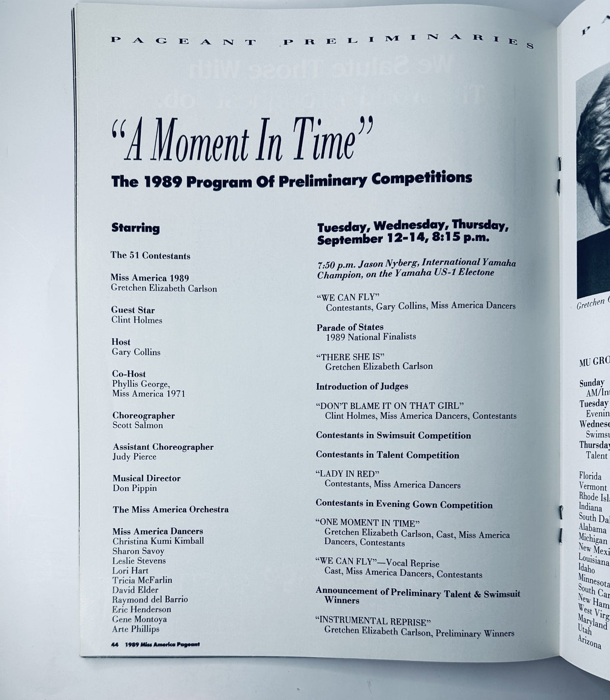 Inside page of The 1989 Miss America Pageant Official Program detailing the program schedule and preliminary competitions starring Gretchen Carlson.