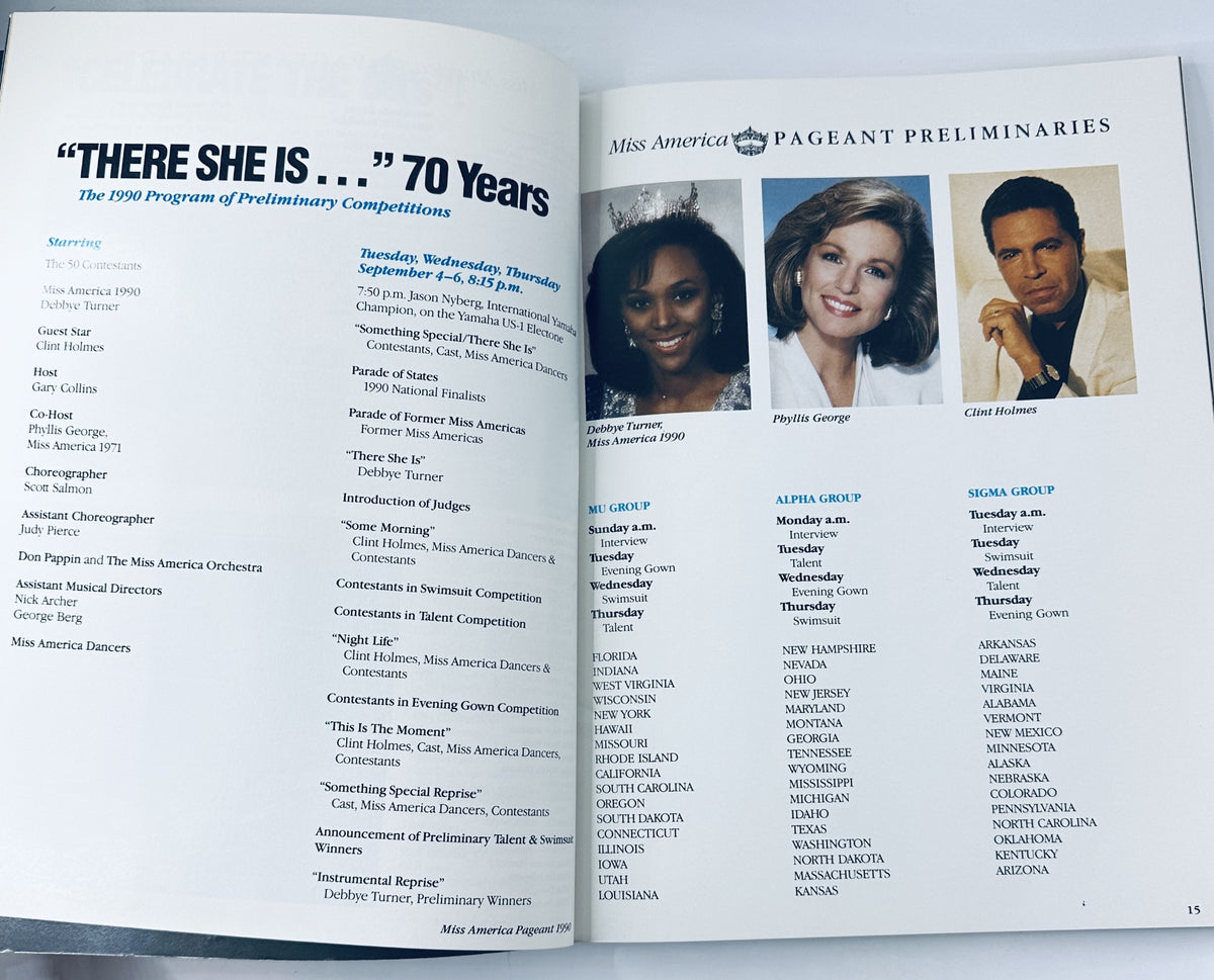 Inside page of the 1990 Miss America Pageant Magazine, detailing the program of preliminary competitions including information about Debbye Turner, Phyllis George, and Clint Holmes.