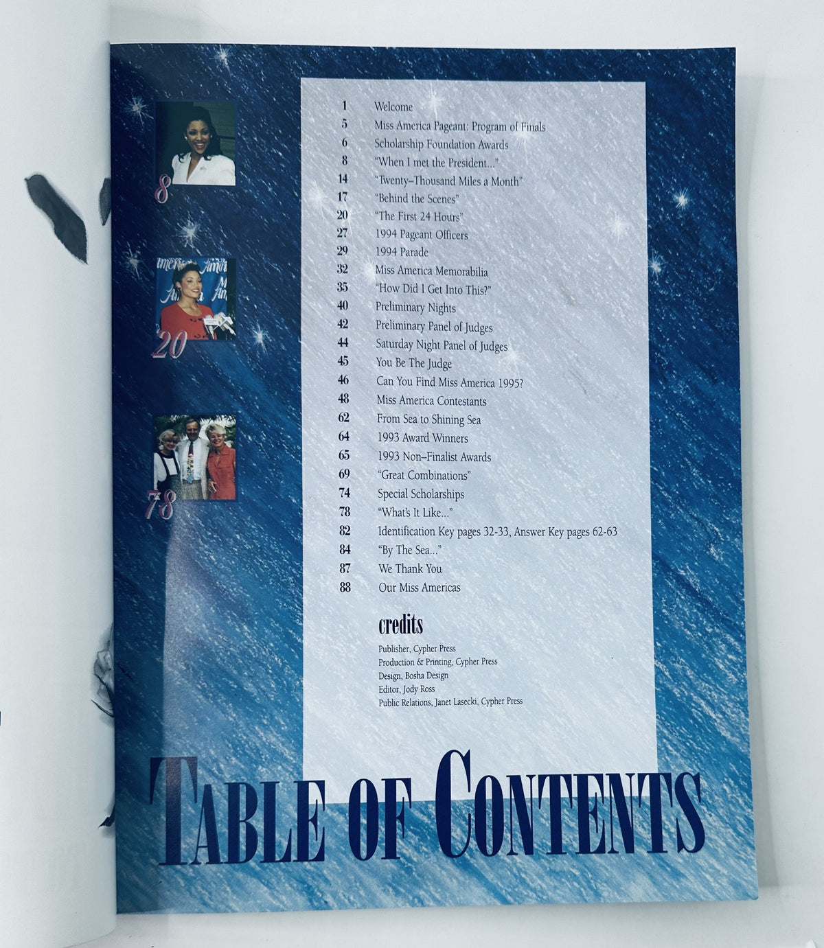 Inside page of The 1994 Miss America Pageant Magazine displaying the Table of Contents, listing featured sections and events related to the pageant.