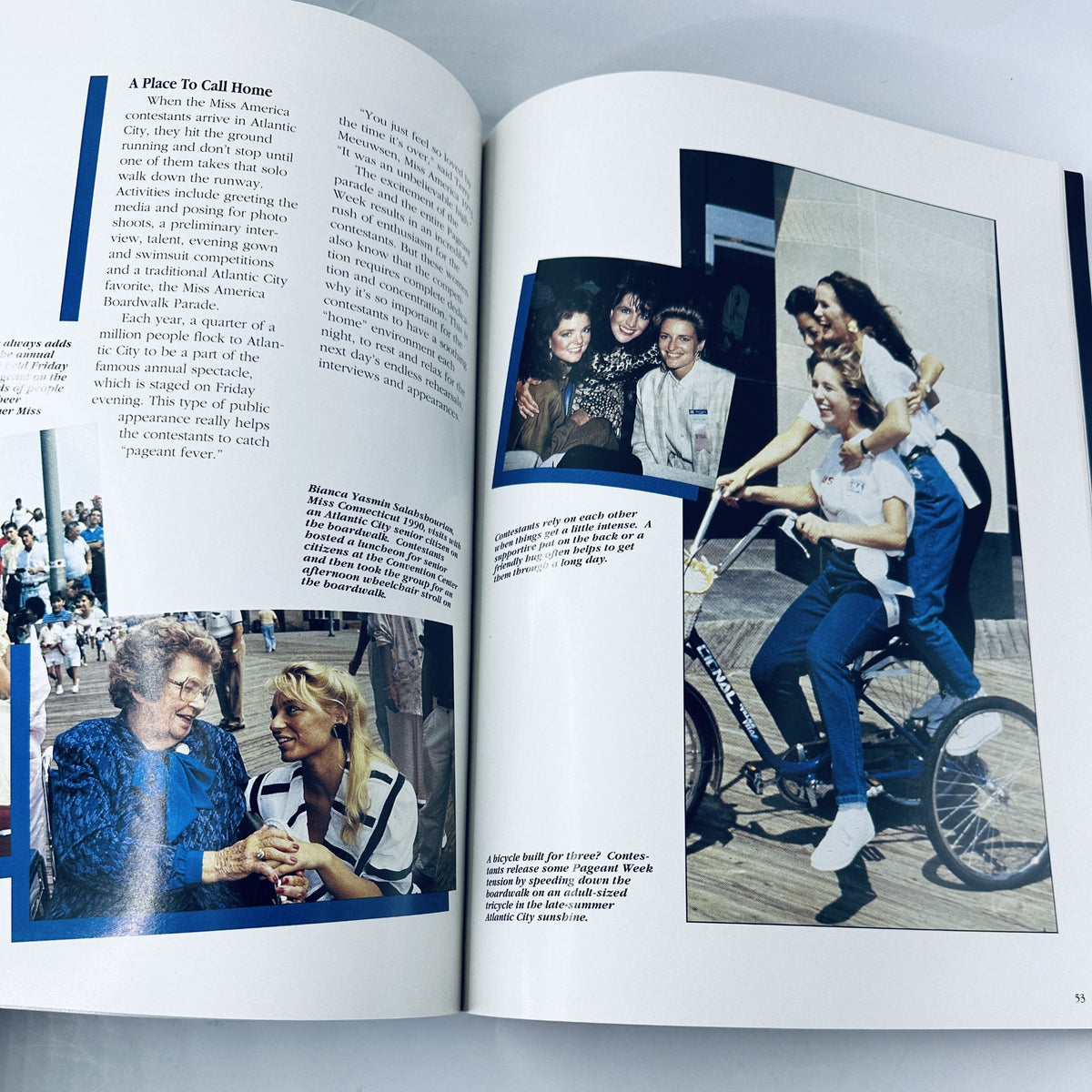 Inside page of the Miss America Pageant Magazine September 1991 program, depicting contestants engaging in community activities showcasing the essence of Miss America, along with notable guests.