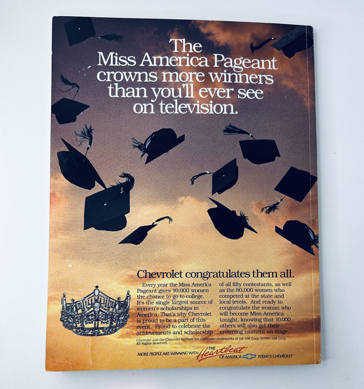 Back cover of the Miss America Pageant Magazine September 1991, displaying an advertisement celebrating the achievements of the contestants and emphasizing scholarly accomplishments.