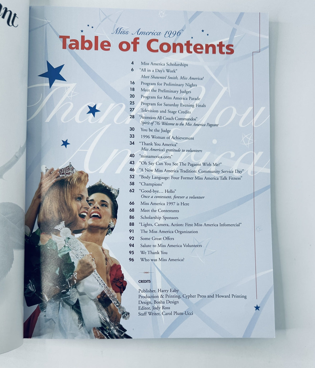 The Table of Contents page from the 1996 Miss America Pageant Official Program, listing articles including 'Miss America Scholarships' and 'Thank You America'.