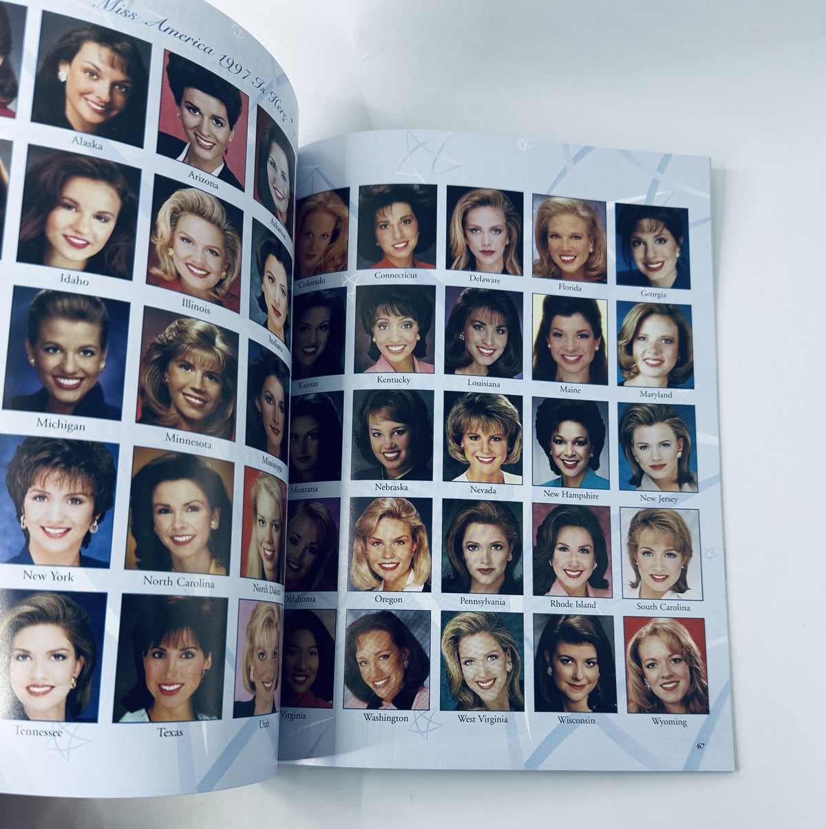 Inside view of the 1996 Miss America Pageant Magazine Official Program, featuring a collage of contestants' headshots, showcasing the beauty and diversity of participants including Shawntel Smith on the cover. A must-have for pageant enthusiasts and collectors.