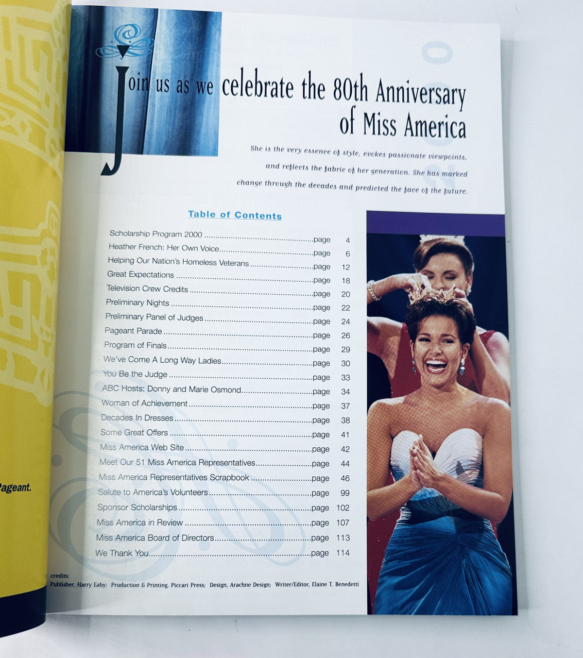 Inside view of the 2000 Miss America Pageant Magazine Official Program displaying the Table of Contents, featuring highlights from the event and listing various articles, celebrating the pageant's history.