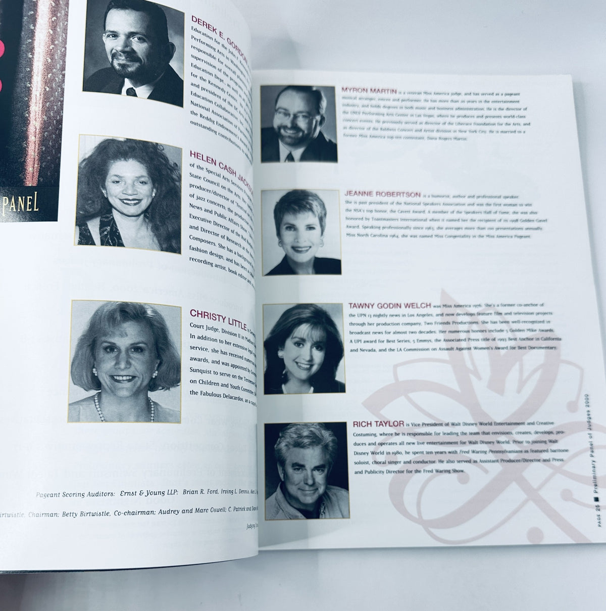 Detailed view of the judges panel in the 2000 Miss America Pageant Magazine Official Program, including profiles of prominent judges, showcasing their contributions to the event.
