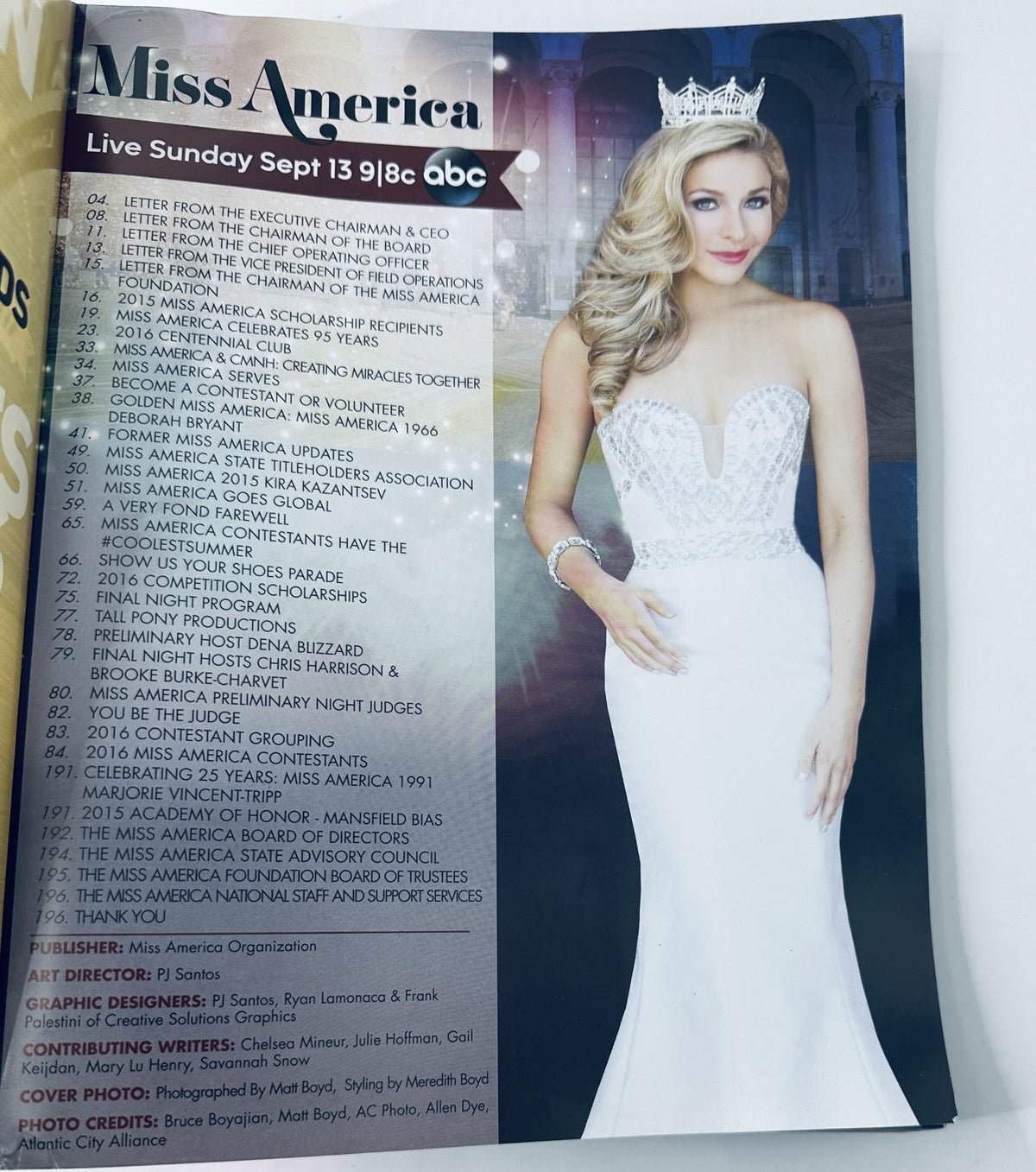 Inside page of Miss America Magazine September 13, 2015 Program, listing content including letters from Miss America executives and showcasing Kira Kazantsev in a stunning gown.