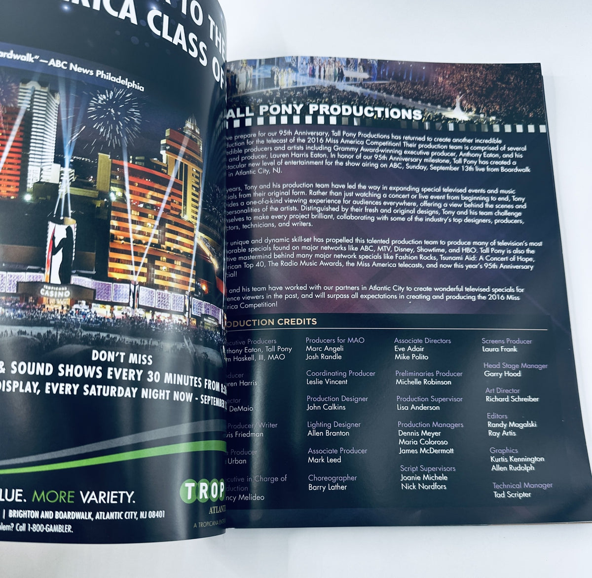 Additional page from Miss America Magazine September 13, 2015 Program highlighting production credits for the Miss America event, with detailed information on contributors and staff.