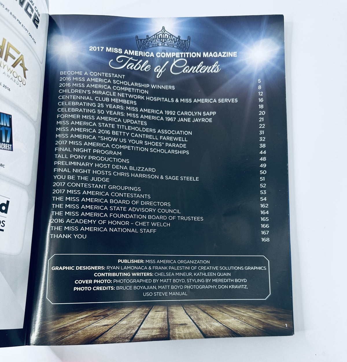 Inside page of the 2017 Miss America Competition Magazine displaying the Table of Contents, outlining features including contestant information and scholarship winners.