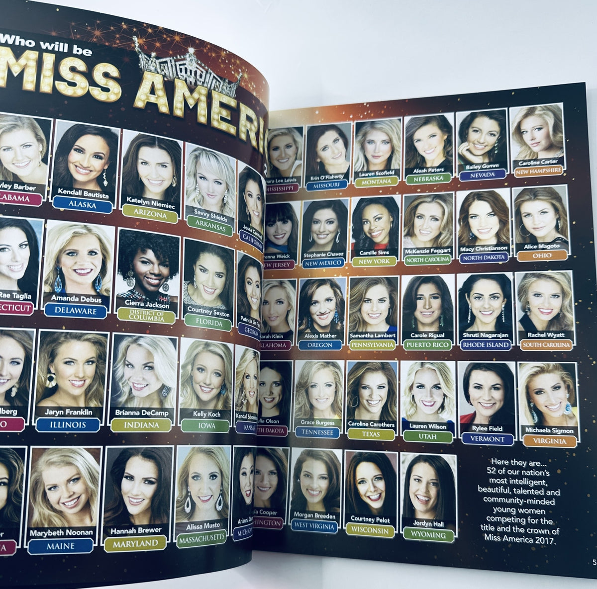 Spread in the 2017 Miss America Competition Magazine showcasing headshots of the Miss America 2017 contestants, highlighting their states and backgrounds.