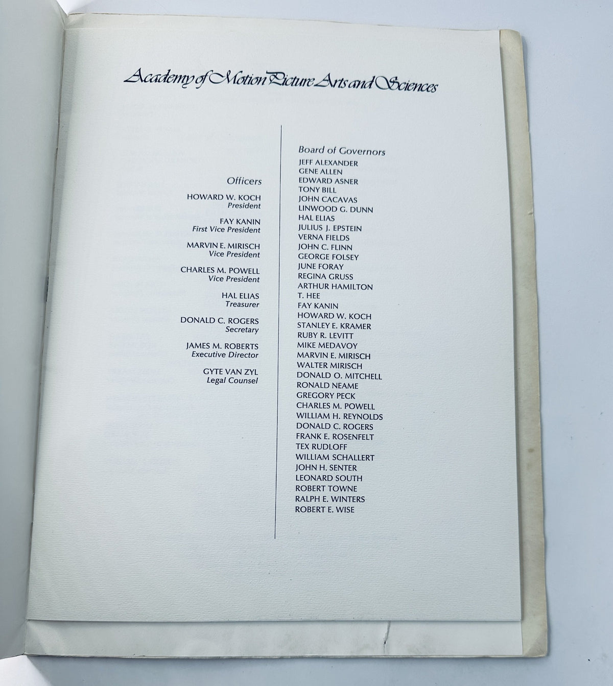 Inside page of the Academy Awards Ceremony Golden 50th Anniversary Oscar 1978 Program listing the officers and board of governors.