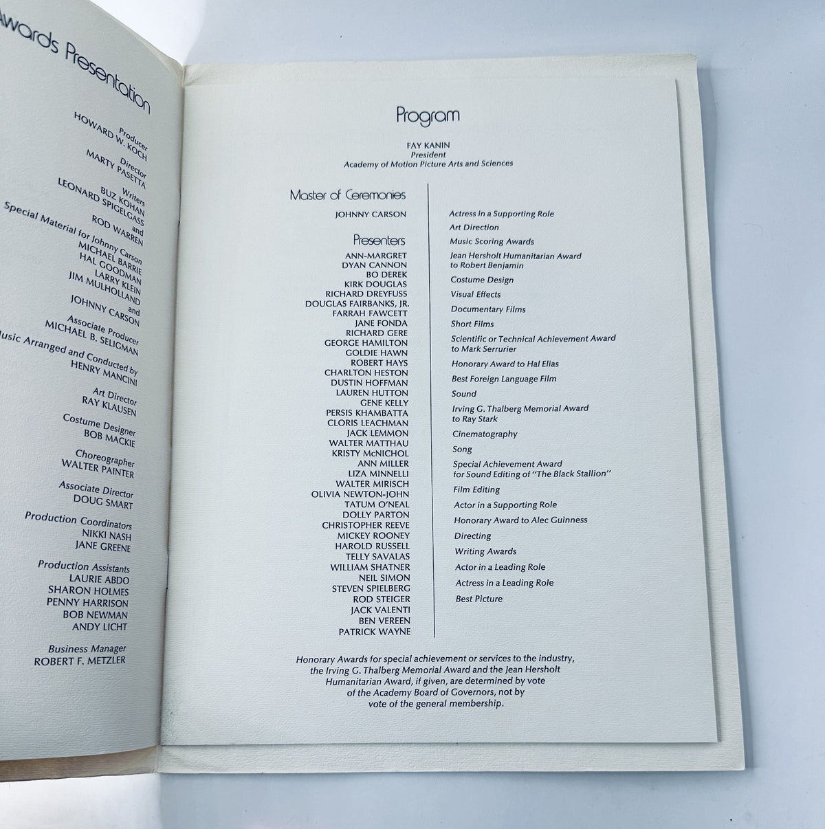Inside program page of the 52nd Annual Academy Awards Magazine from April 14, 1980, detailing the Master of Ceremonies, Johnny Carson, and listing various awards including categories for actors and directors.
