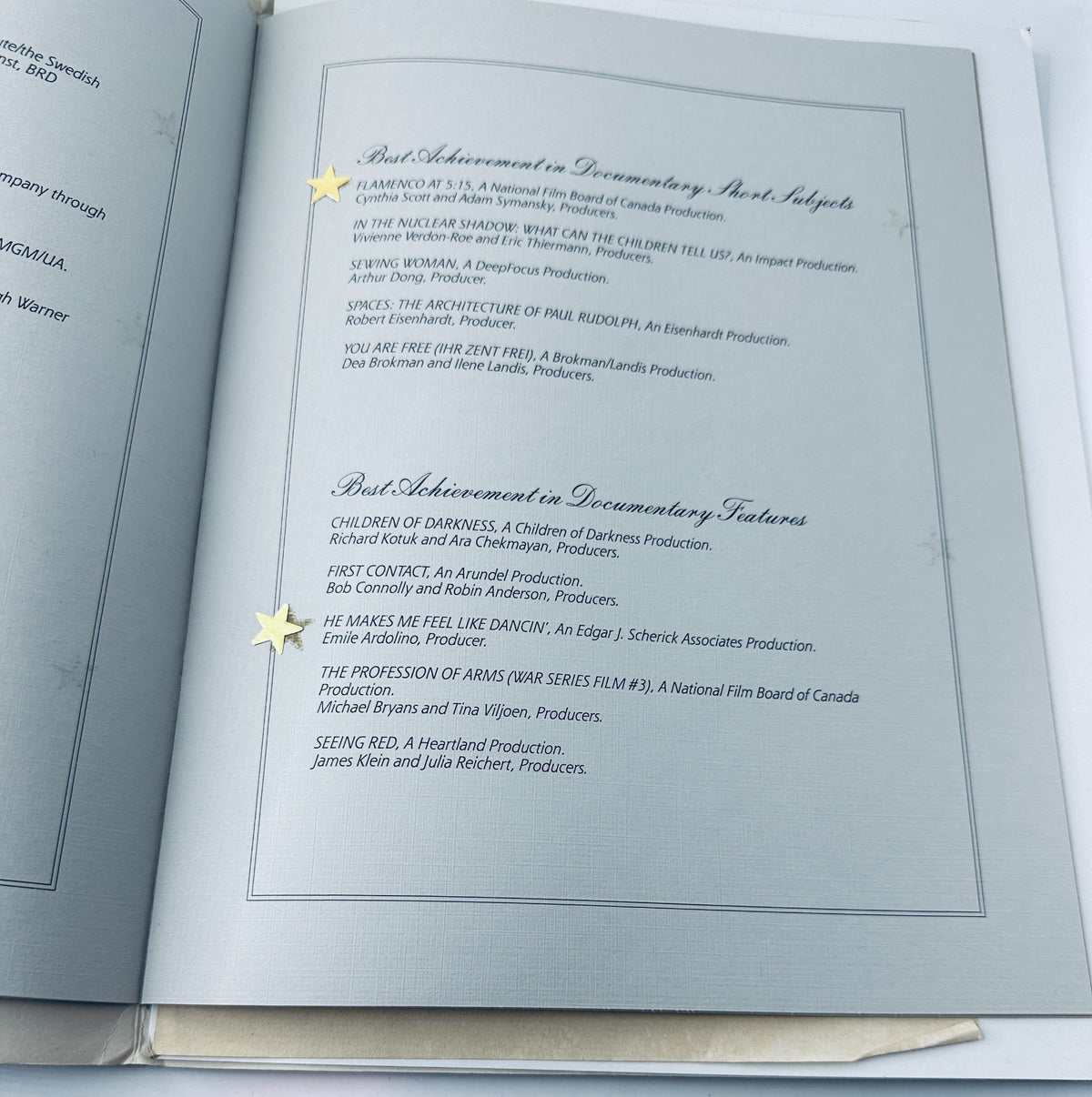 Inside page of Oscar Magazine detailing the nominees for Best Achievement in Documentary Short Subjects and Documentary Features for the 56th Annual Academy Awards.