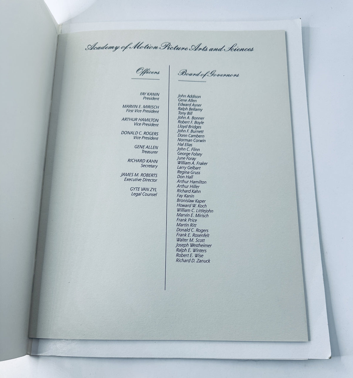 Inside page of 'Oscar Magazine 55th Annual Academy Awards Program April 11, 1983' displaying the Board of Governors list from the Academy of Motion Picture Arts and Sciences.
