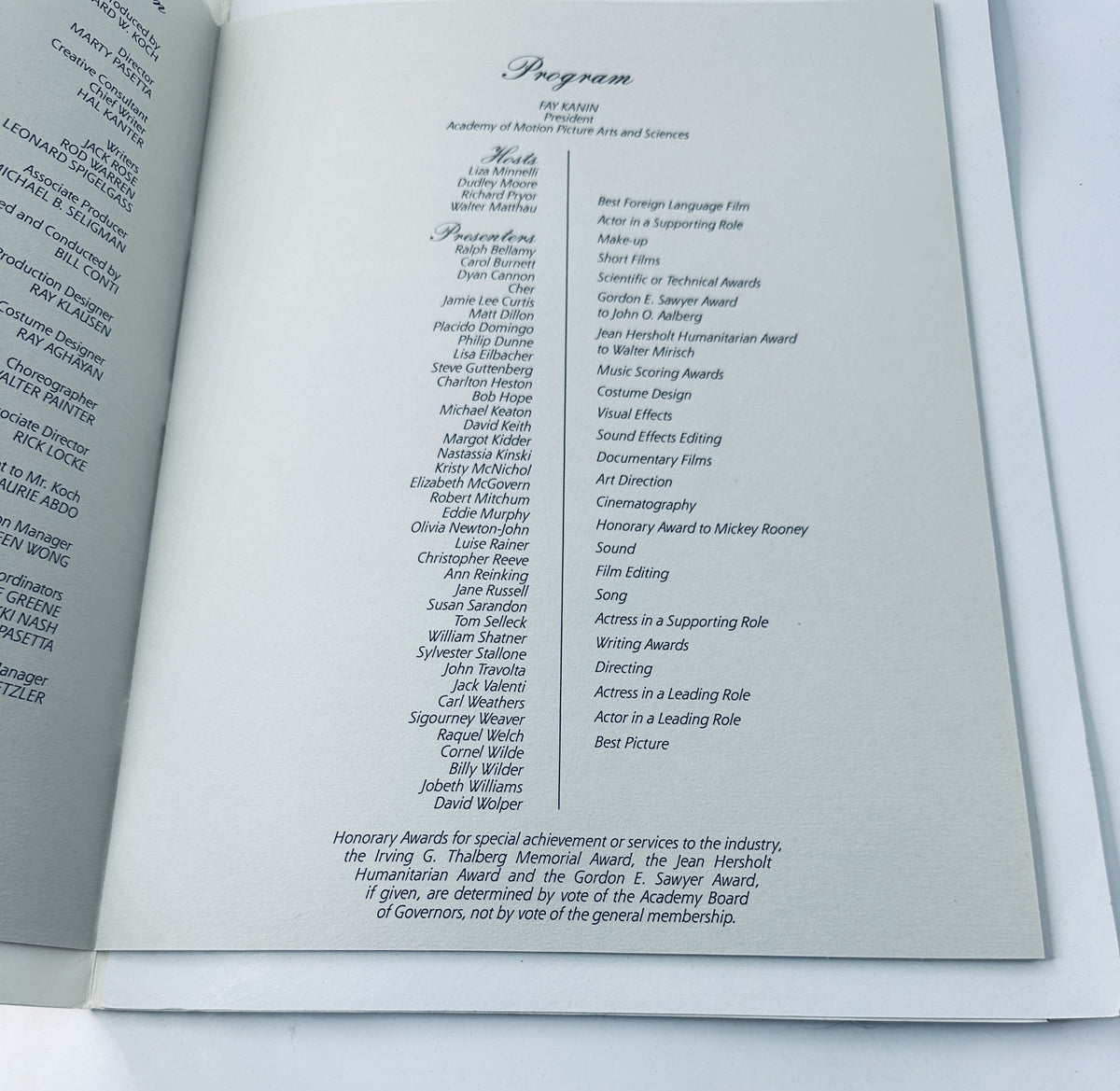 Inside page of 'Oscar Magazine 55th Annual Academy Awards Program April 11, 1983' showing the awards program details including categories and nominees.