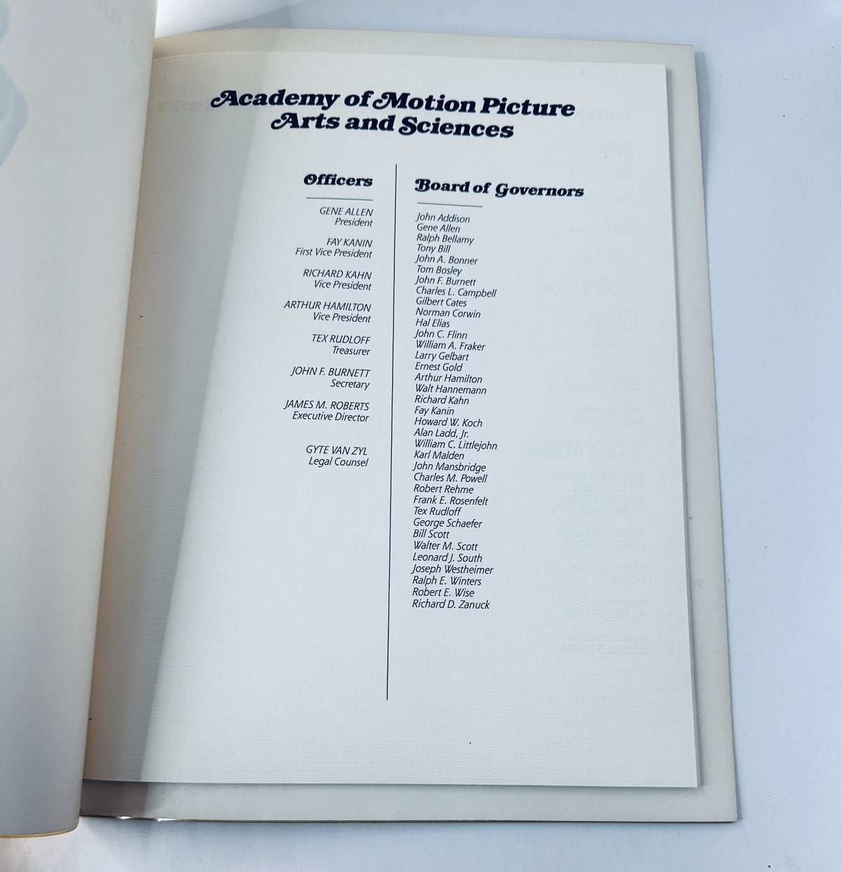 Interior page of Oscar Magazine 57th Annual Academy Awards Program, listing the officers and Board of Governors of the Academy of Motion Picture Arts and Sciences.