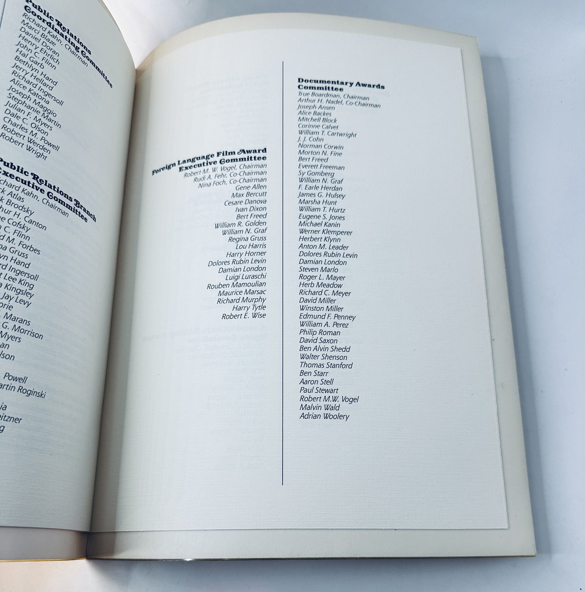 Inside page from the Oscar Magazine 57th Annual Academy Awards Program March 25, 1985, featuring names of nominees for the Foreign Language Film Award and the Documentary Awards Committee.