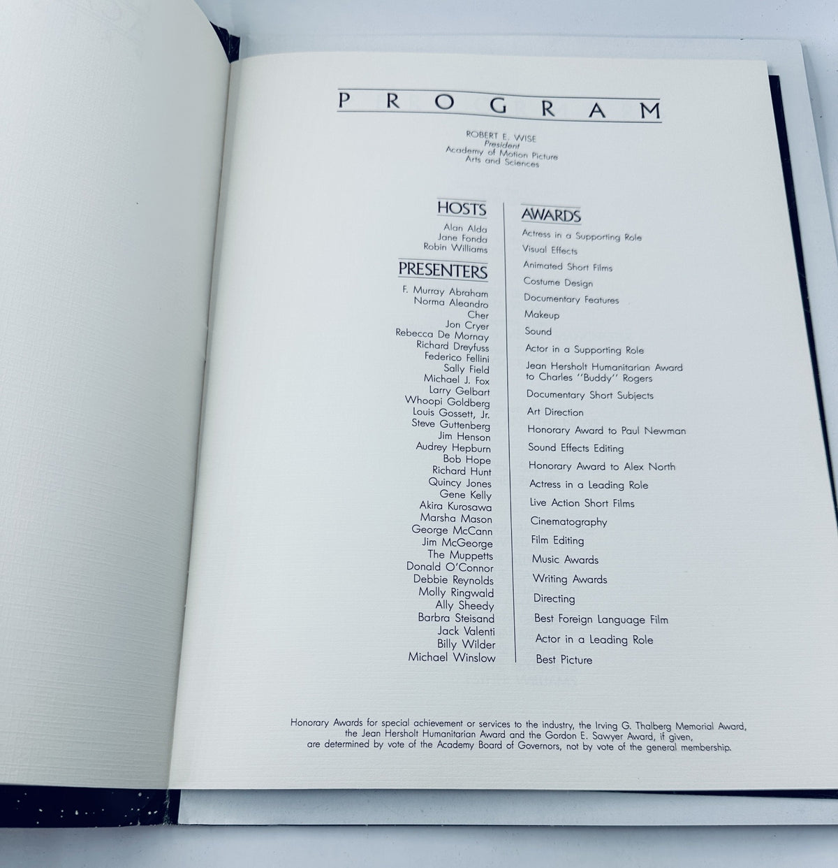 Program details page from the Oscar Magazine 58th Annual Academy Awards 1986 Program, listing hosts, presenters, and award categories.