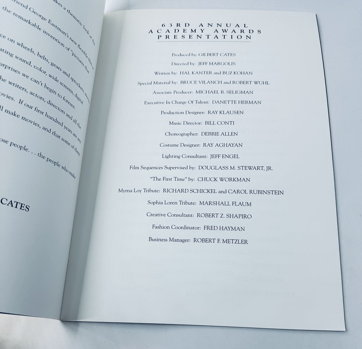 Inside page of Oscar Magazine listing key production details such as producer, writers, and associated staff for the 63rd Annual Academy Awards 1991 Program Presentation.