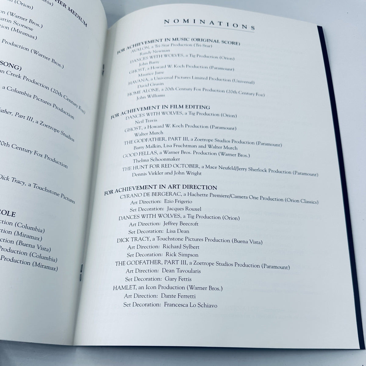Inside view of the Oscar Magazine 63rd Annual Academy Awards 1991 Program, displaying the nominations for Achievement in Music, Film Editing, and Art Direction.