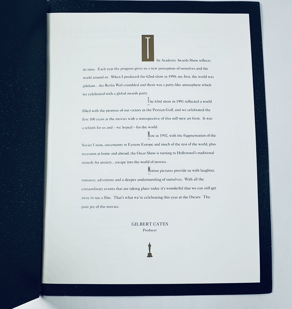 Inside opening page of the Oscar Magazine 64th Annual Academy Awards 1992 Program introducing the event and its significance.