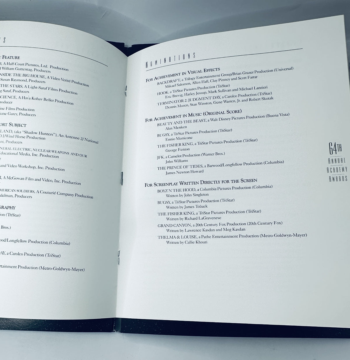 Page from Oscar Magazine 64th Annual Academy Awards 1992 Program listing nominations for various categories including Visual Effects and Original Score.