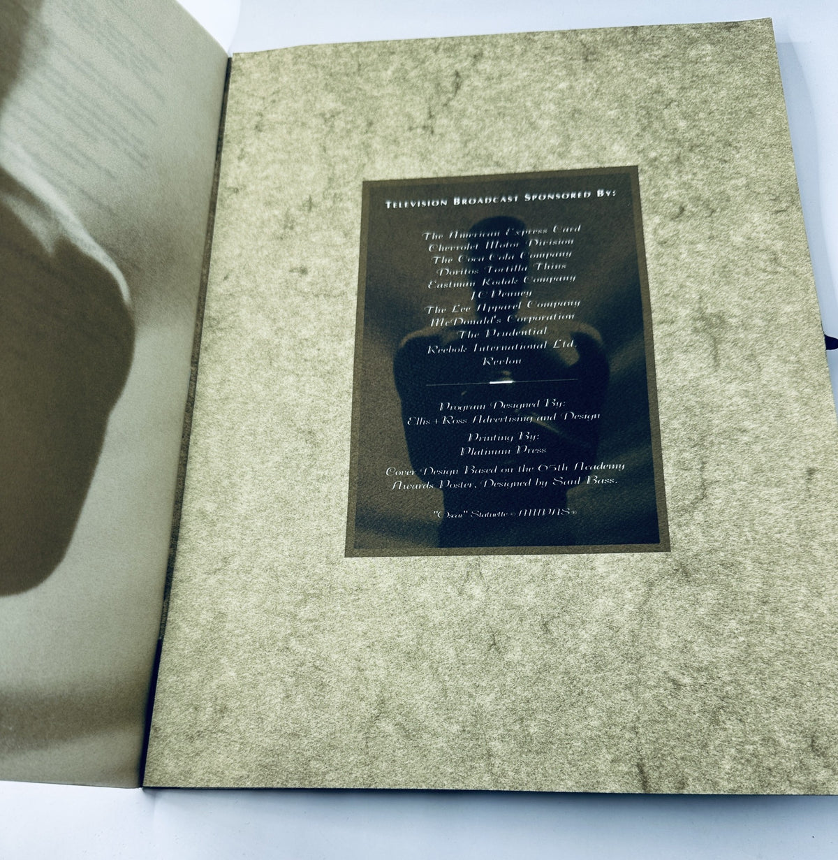 Inside page of the Oscar 65th Annual Academy Awards 1993 Program detailing the television broadcast sponsors with a gold-textured background highlighting sponsors’ names.