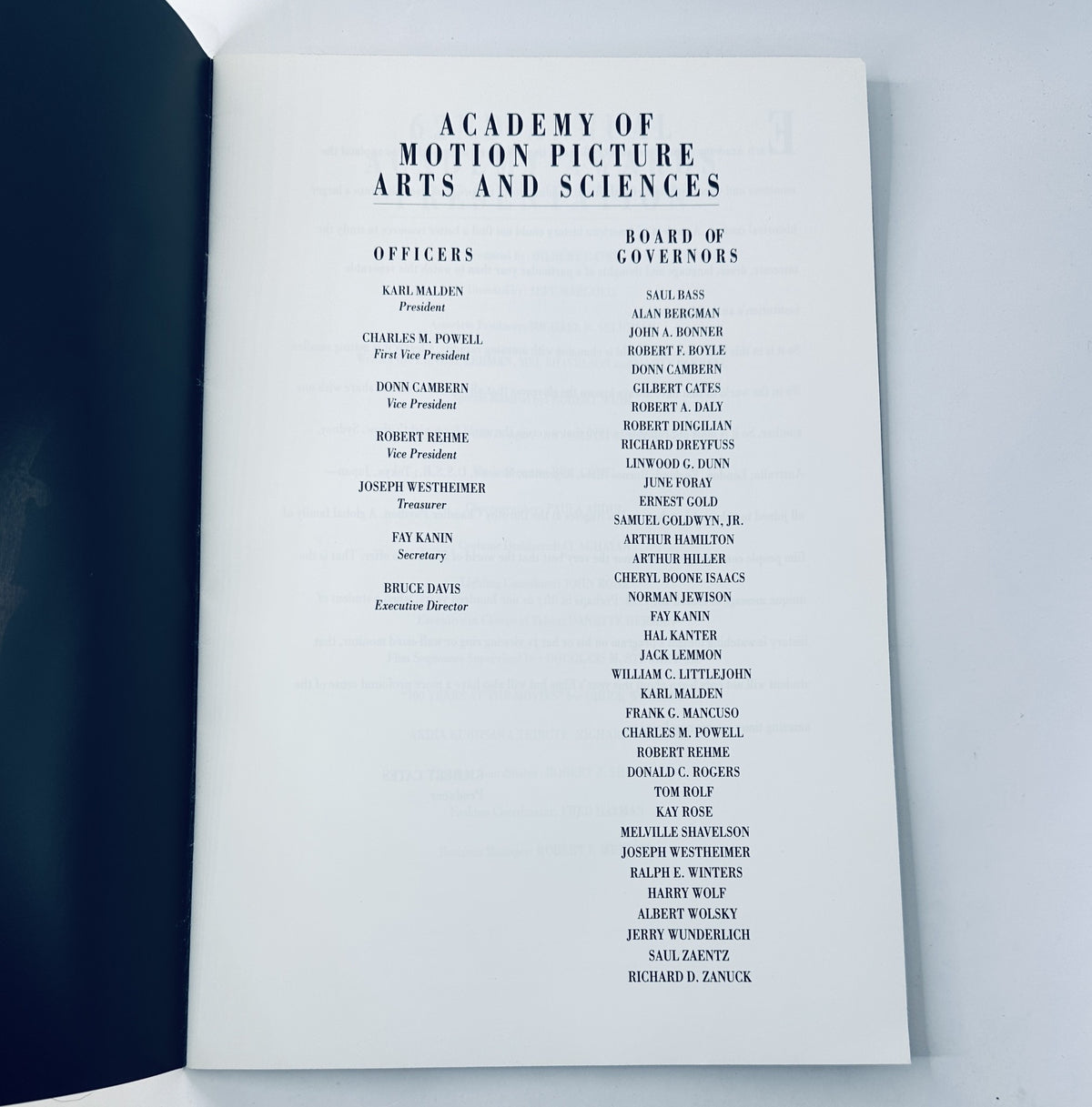 Academy of Motion Picture Arts and Sciences Officers and Board of Governors list from the Oscar 62nd Annual Academy Awards 1990 Program Magazine.
