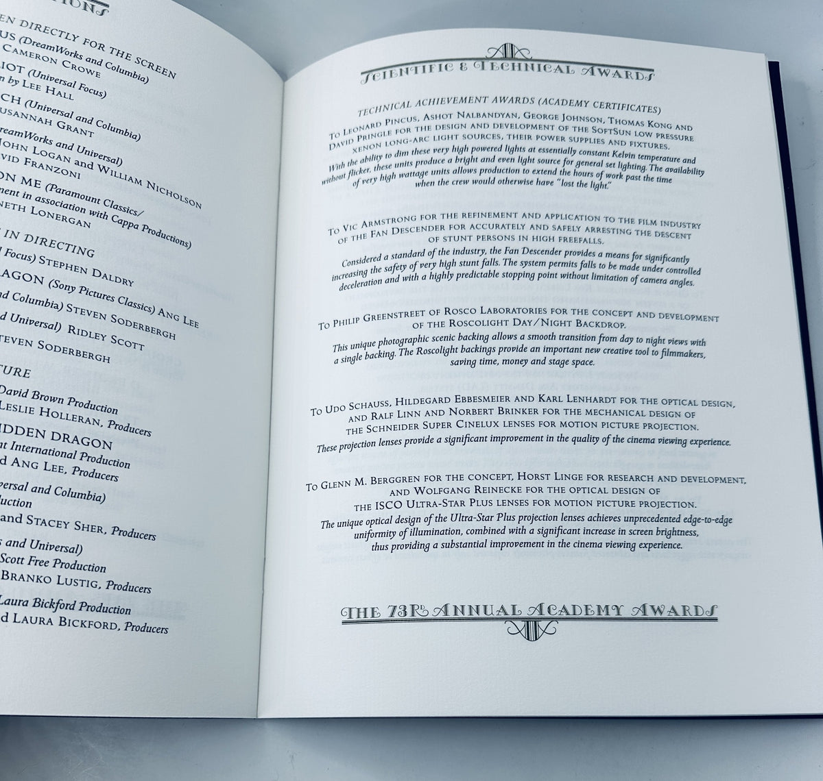 Inside page of the 73rd Annual Academy Awards magazine detailing scientific and technical awards, including achievements in film lighting technology.
