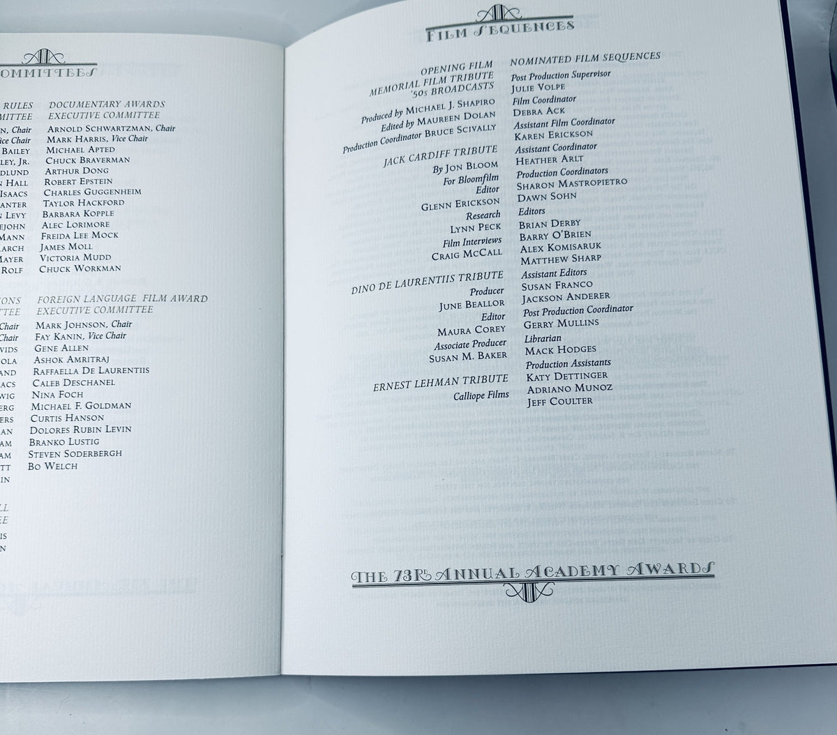 Inside page of the 73rd Annual Academy Awards magazine showing the film sequences section, including tributes and nominated film sequences.