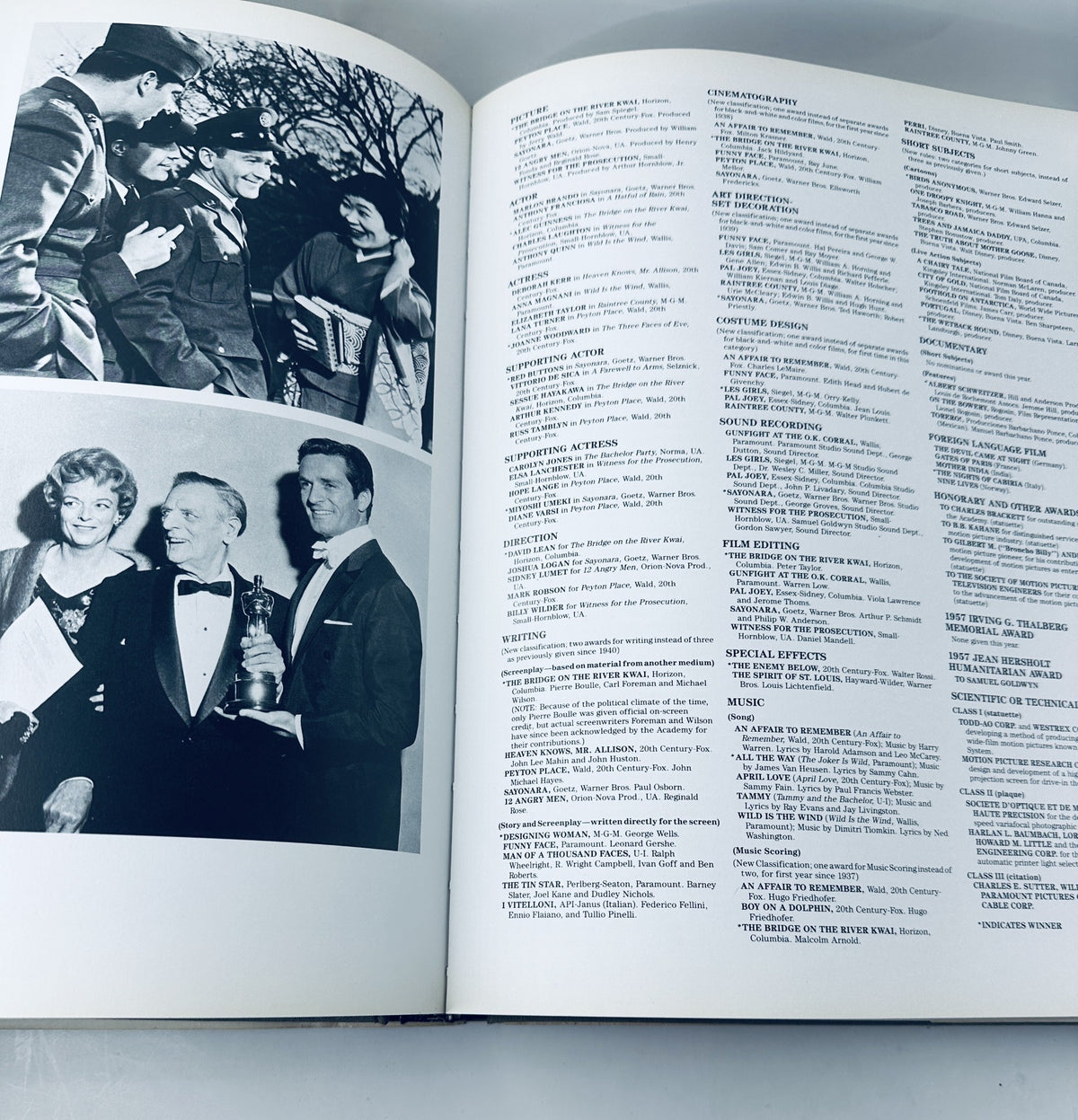 Interior page from '60 Years of the Oscar's 1989 Official History Academy Awards Book' featuring nominations, awards details and photographs from past ceremonies.